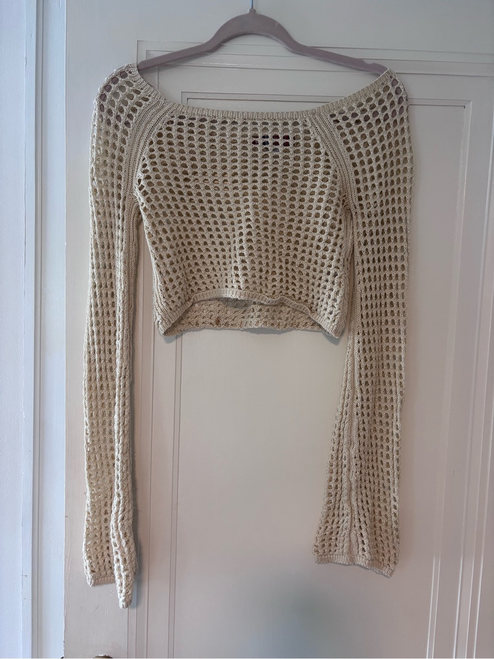 Urban Outfitters Cream Open-Knit Long-Sleeve Crop Top